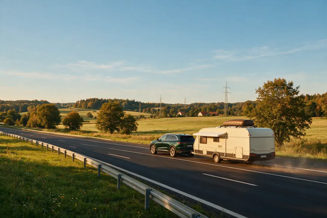 Samochód osobowy z przyczepą kempingową na autostradzie