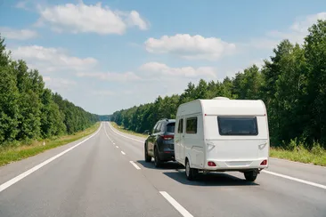 Samochód osobowy z przyczepą kempingową na drodze ekspresowej